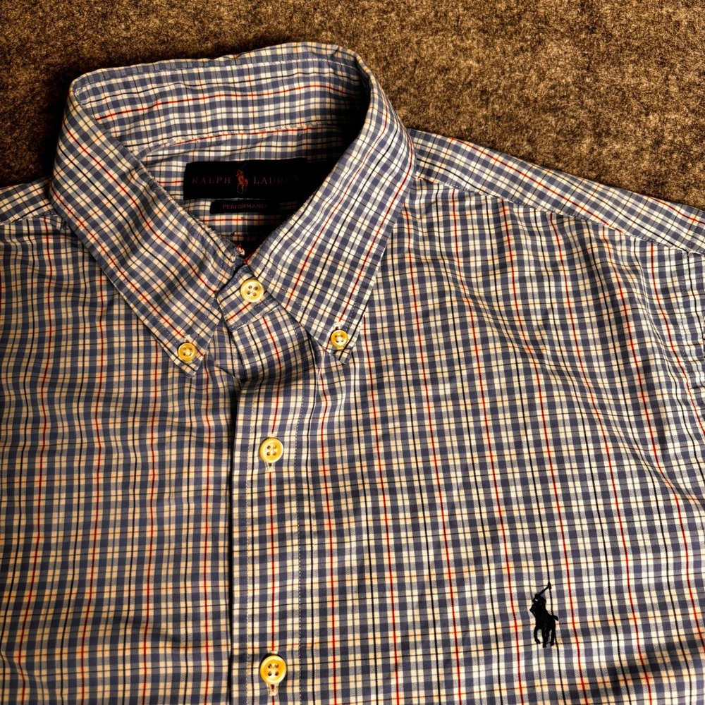 Ralph Lauren Performance Shirt Mens Large Blue Plaid Button Down